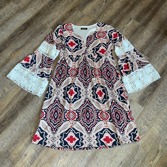 Reborn Dress, size Large, Blue, Red and Cream colored with lace bell sleeves - Picture 1 of 4